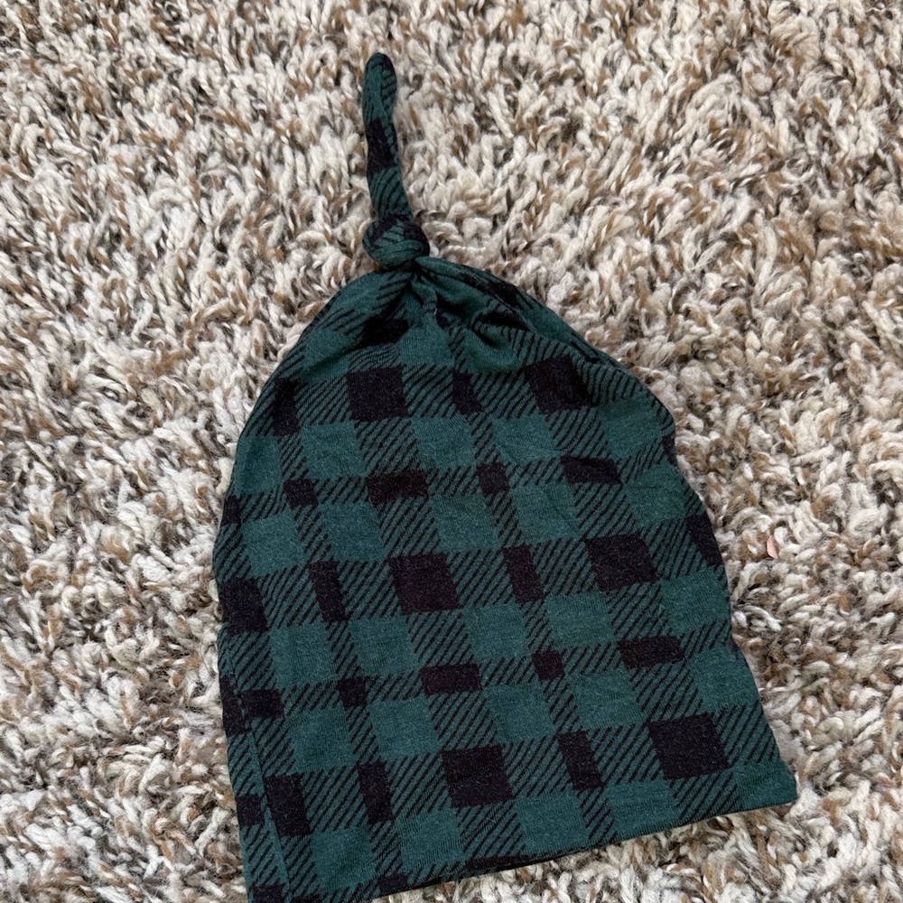 Kids Plaid Knotted Beanie - Black and Green